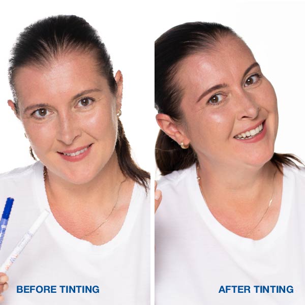 Before and after brow tinting Two Go Pen natural brown comparison of a woman with a white background