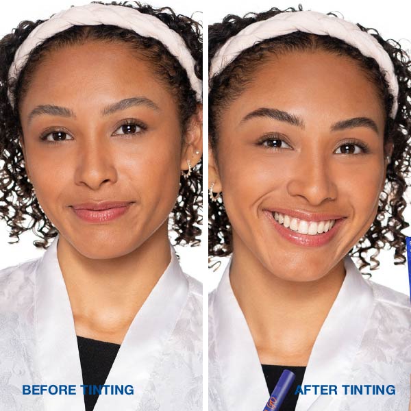 Before and after Black Brown Two Go Pen use showing a woman with a white headband.