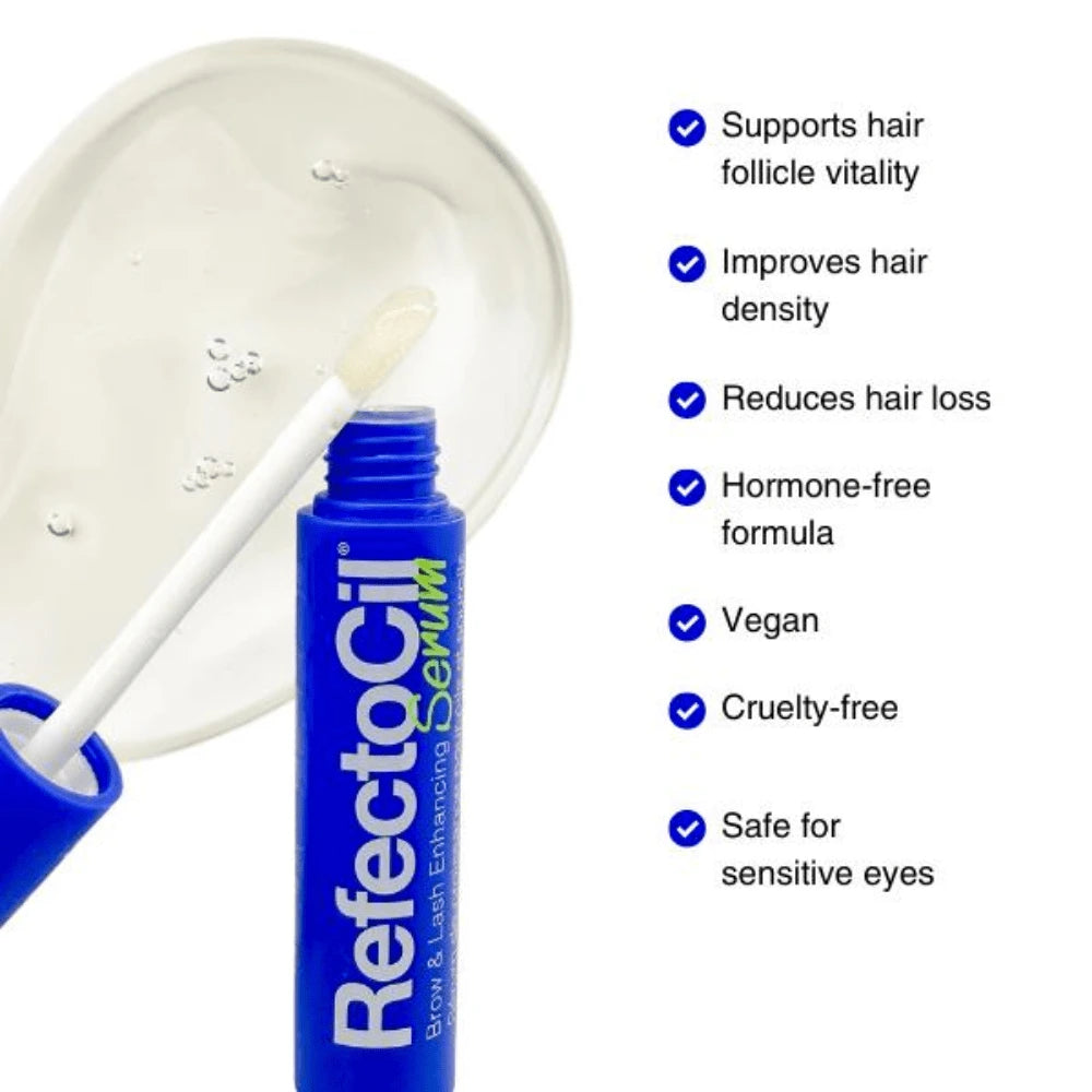 RefectoCil Lash Brow Booster eyebrow serum with product features listed on a white background