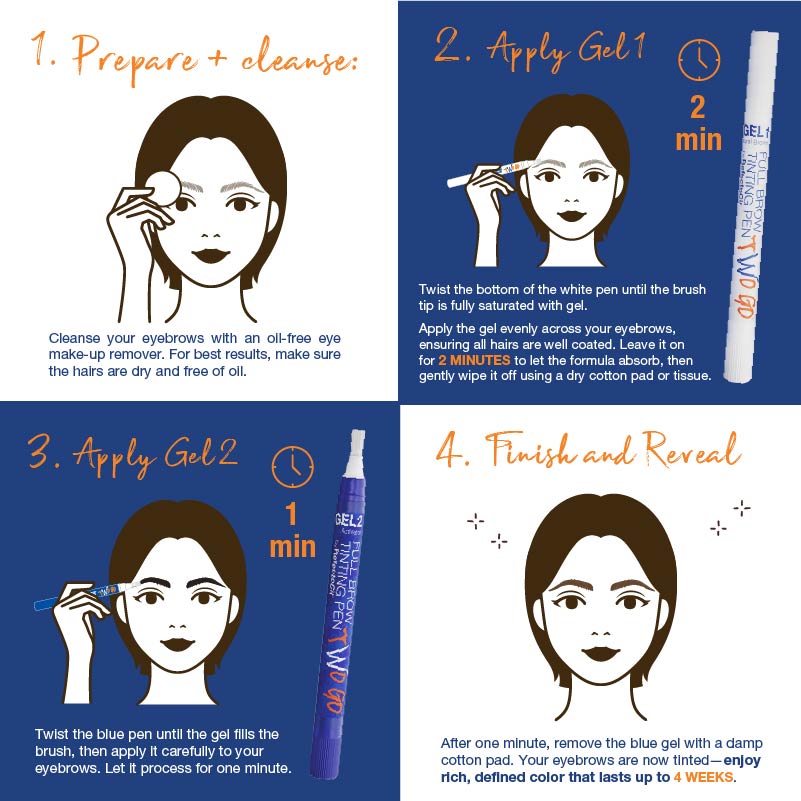 Step-by-step guide for applying Two Go Pen eyebrow gel with illustrations and text.
