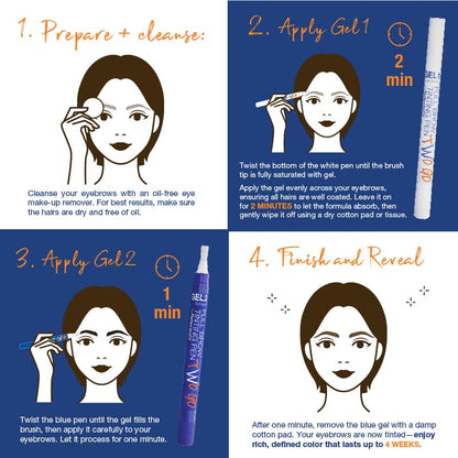 Step-by-step guide for applying Two Go Pen eyebrow gel with illustrations and text.
