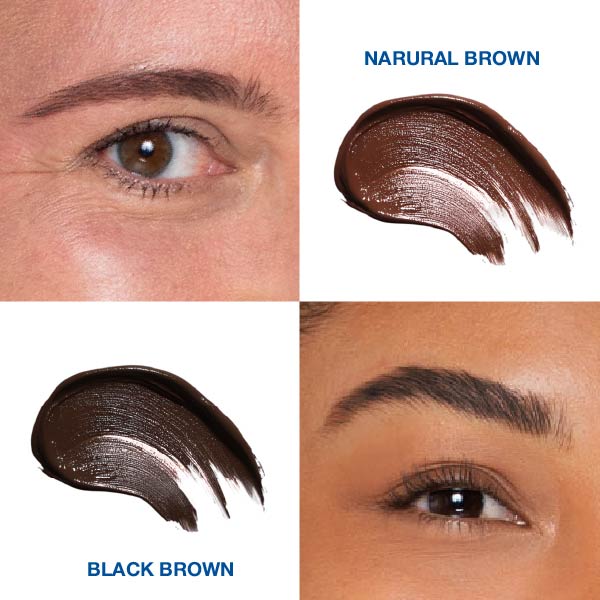 Cosmetic swatches of 'Narural Brown' and 'Black Brown' on skin and a close-up of an eye.