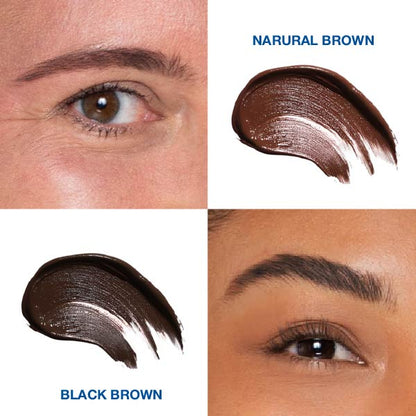 Cosmetic swatches of 'Narural Brown' and 'Black Brown' on skin and a close-up of an eye.